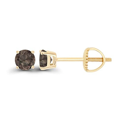 14K Gold Plated 925 Sterling Silver Hypoallergenic 4mm Round Genuine Birthstone Solitaire Screwback Stud Earrings - color: Smokey Quartz