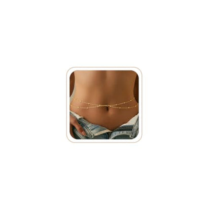 CHESKY Waist Beads for Women, Dainty 14k Gold Plated Waist Chain Beach Accessories Cute Belly Chain Body Chain Gold Chain Belts for Women Summer Beach Jewelry for Womens Gifts Rave Outfits for Womens - style: bead chain-gold