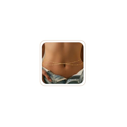 CHESKY Waist Beads for Women, Dainty 14k Gold Plated Waist Chain Beach Accessories Cute Belly Chain Body Chain Gold Chain Belts for Women Summer Beach Jewelry for Womens Gifts Rave Outfits for Womens - style: bead chain-gold