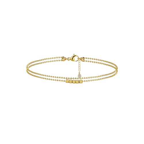14K Gold Plated Layered Satellite Beads Heart Anklets Layering Rhinestone Cubic Zirconia Ankle Bracelets for Women Minimalist Summer Beach Foot Chain Ankle Jewelry for Her - style: 2 Layered 5 Dots+Beaded-GD
