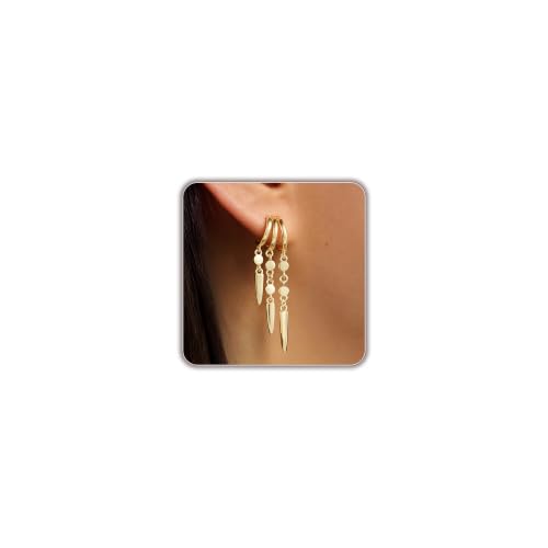 14K Gold Plated Dangle Earrings for Women, Dainty Hoop Huggie Studs, Long Hanging Tassel Chain Multi Pierced Ear Stacking Jewelry Gifts - color: Dangle-Gold