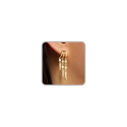 14K Gold Plated Dangle Earrings for Women, Dainty Hoop Huggie Studs, Long Hanging Tassel Chain Multi Pierced Ear Stacking Jewelry Gifts - color: Dangle-Gold
