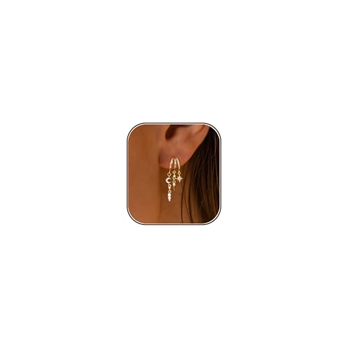 Dangle Earrings for Women,14k Gold Plated Triple Huggie Stud Earrings Cute Statement Chain Earring Dainty Drop Earrings for Women Trendy Gold Plated Jewelry - color: star-Gold