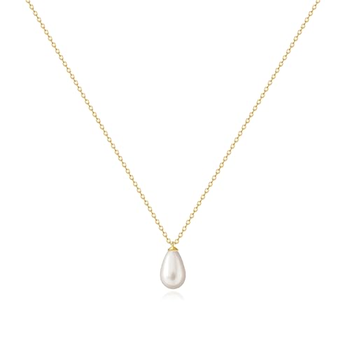 Zeffy Gold Pearl Necklace for Women, Dainty 14K Gold/Silve Plated Layered Pearl Choker Pearl Earrings Pearl Bracelets Wedding Trendy Gold Jewelry Set for Women Gifts - style: Gold Teardrop Pearl Necklace-1PCS