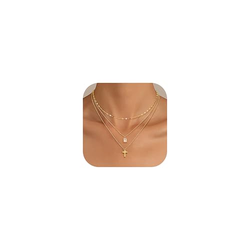 Kakonia Layered Gold Necklaces for Women, 3-Piece Gold Necklace Stack | 14K gold plated pendant necklace set, 3 dainty gold chains, trendy jewelry for women, ideal for weddings, proms or gifting - style: Cross Pendant