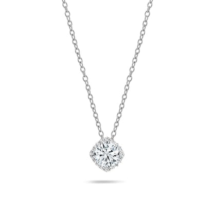 White Diamond or Cubic Zirconia Cushion Frame Halo Pendant | 1.00 Ctw | Center Round Lab Grown 18 inch Silver Chain | Women | 925 Sterling Silver - style: Lab Grown White Diamond