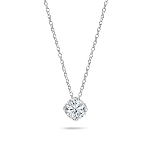 White Diamond or Cubic Zirconia Cushion Frame Halo Pendant | 1.00 Ctw | Center Round Lab Grown 18 inch Silver Chain | Women | 925 Sterling Silver - style: Lab Grown White Diamond