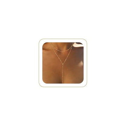 Lariat Necklaces for Women - Dainty Long Necklace Trendy 14K Gold Plated Hypoallergenic Layered Long Y-Shape Sunburst CZ T-Bar Pendant Drop Chain Necklace Set for Women Non Tarinsh Jewelry - style: layered bead chain-gd