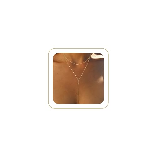 Lariat Necklaces for Women - Dainty Long Necklace Trendy 14K Gold Plated Hypoallergenic Layered Long Y-Shape Sunburst CZ T-Bar Pendant Drop Chain Necklace Set for Women Non Tarinsh Jewelry - style: layered bead chain-gd
