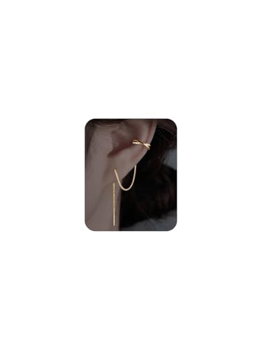 Long Chain Cuff Earrings Gold Silver Wrap Tassel Earrings Minimalist Cz Round Stud With Chain Cuff Double Piercing Jewelry Statement Fake Earrings for Women - color: style1-gold-2pcs