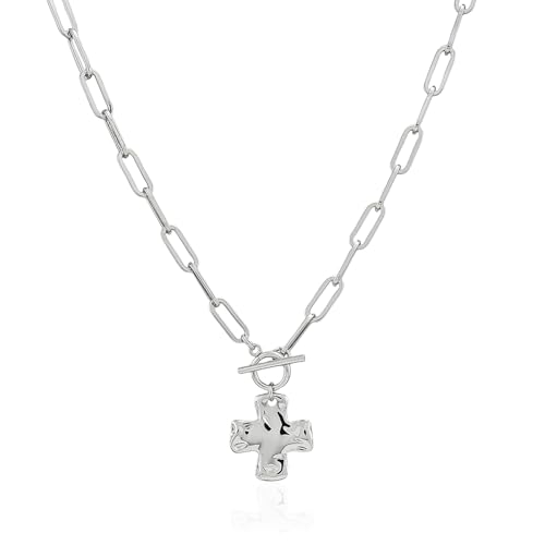 Bheop Chunky Cross Necklace for Women, 14K Gold Silver Statement Necklace | Sturdy Paperclip Chain, Hammered Pendant, Vintage Charm, Trendy Costume Jewelry, Faith Christian Religious Gift, Non Tarnish - style: SL-Toggle Necklace（1 inch Pendant）