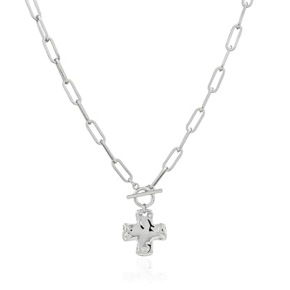 Bheop Chunky Cross Necklace for Women, 14K Gold Silver Statement Necklace | Sturdy Paperclip Chain, Hammered Pendant, Vintage Charm, Trendy Costume Jewelry, Faith Christian Religious Gift, Non Tarnish - style: SL-Toggle Necklace（1 inch Pendant）