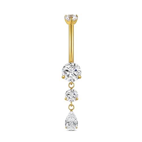 FINE4U Dangle Belly Button Rings 14G 10mm 12mm - ASTM F136 Implant Grade Real Titanium Belly Ring, Internally Threaded Hypoallergenic Navel Piercing Jewelry for Gift idea (Clear) - color: Prong Set - Gold, size: 10mm - Gold