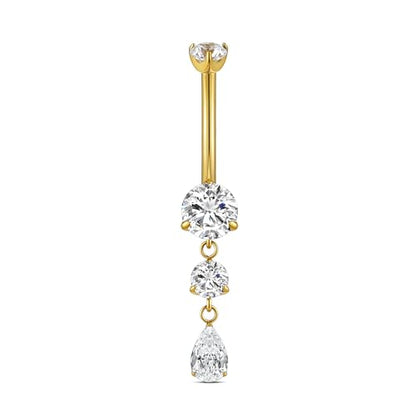FINE4U Dangle Belly Button Rings 14G 10mm 12mm - ASTM F136 Implant Grade Real Titanium Belly Ring, Internally Threaded Hypoallergenic Navel Piercing Jewelry for Gift idea (Clear) - color: Prong Set - Gold, size: 10mm - Gold