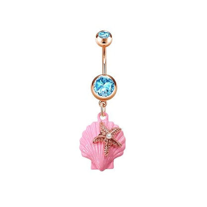 14G Pink Seashell Dangle Belly Button Ring, Blue Cubic Zirconia Crystal Starfish Belly Rings Stainless Steel Navel Barbell Piercing Jewelry for Women