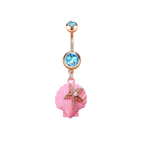 14G Pink Seashell Dangle Belly Button Ring, Blue Cubic Zirconia Crystal Starfish Belly Rings Stainless Steel Navel Barbell Piercing Jewelry for Women