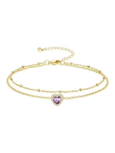 Richsteel Double Layer Heart/Butterfly Birthstone Anklet for Women | Non Tarnish Waterproof, Silver/Gold/Black Stainless Steel 8.5-10.5 Inch Adjustable Chain Anklets Summer Beach Foot Jewelry - color: Gold Heart-06 Jun.(Alexandrite)