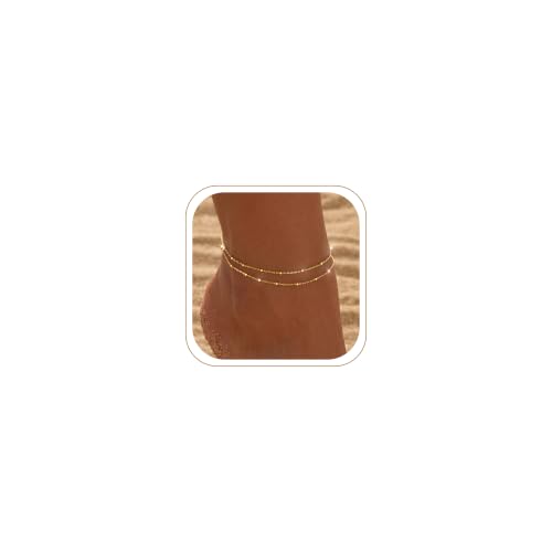 Dainty Gold Ankle Bracelets for Women Waterproof | Non Tarnish 14K Gold Plated Beaded Anklets, Layered Summer Beach Jewelry Gifts, Bikini Outfits for Vacation