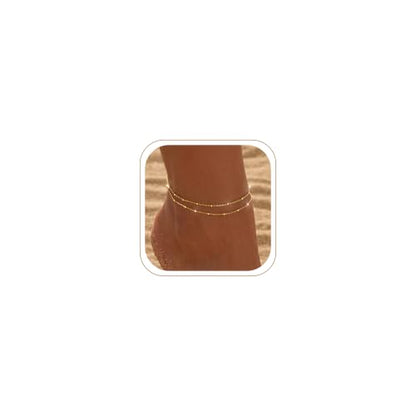 Dainty Gold Ankle Bracelets for Women Waterproof | Non Tarnish 14K Gold Plated Beaded Anklets, Layered Summer Beach Jewelry Gifts, Bikini Outfits for Vacation