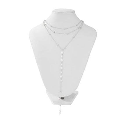 Trendy Gold Layered Small Beaded Pearl Long Tassel Lariat Y Necklaces for Women, Dainty Beads Pearls Drop Necklace Statement Charm Party Jewelry Gift - color: Silver