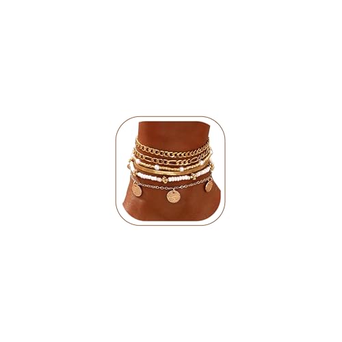 FAXHION Gold Anklets for Women Waterproof, Adjustable Boho Stacking Dangle Coin White Bead Cuban Link Chain Anklets Set, Summer Layered Beach Jewelry Gift for Women - color: Gold-Cuban Chain & Coin