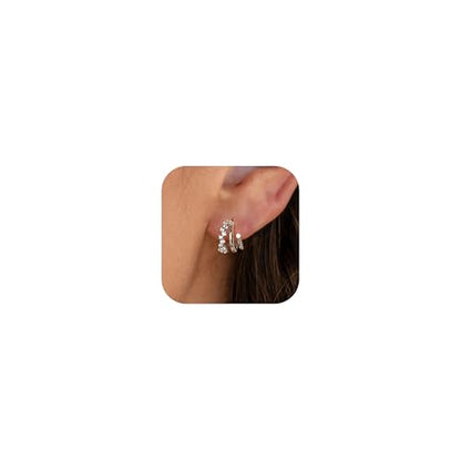 Gold Earrings for Women, Dainty Triple Huggie Earrings 14K Gold Plated Small Hoop Earrings for Women Trendy Cute Hypoallergenic Stud Earrings Unique Double Hoops Waterproof Womens Jewelry Gifts - color: silver plated-E