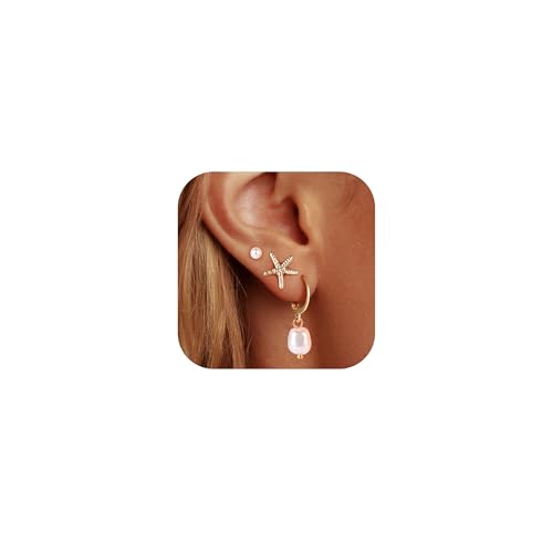 14K Gold Hoop Dangle Stud Earrings Surgical Steel Helix Piercing | Hypoallergenic,Cubic Zirconia,3 Pairs Huggie Hoop Set for Women,Dangle Stud,Cartilage Tragus Conch Earring,Jewelry Gift - color: B2-Gold Pearl Earrings
