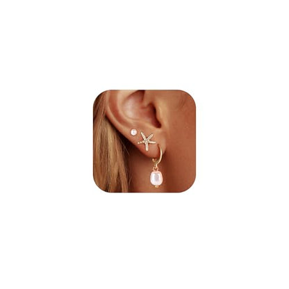 14K Gold Hoop Dangle Stud Earrings Surgical Steel Helix Piercing | Hypoallergenic,Cubic Zirconia,3 Pairs Huggie Hoop Set for Women,Dangle Stud,Cartilage Tragus Conch Earring,Jewelry Gift - color: B2-Gold Pearl Earrings