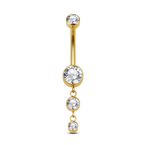 FINE4U Dangle Belly Button Rings 14G 10mm 12mm - ASTM F136 Implant Grade Real Titanium Belly Ring, Internally Threaded Hypoallergenic Navel Piercing Jewelry for Gift idea (Clear) - color: Bezel Set - Gold, size: 10mm - Gold