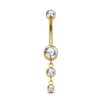 FINE4U Dangle Belly Button Rings 14G 10mm 12mm - ASTM F136 Implant Grade Real Titanium Belly Ring, Internally Threaded Hypoallergenic Navel Piercing Jewelry for Gift idea (Clear) - color: Bezel Set - Gold, size: 12mm - Gold