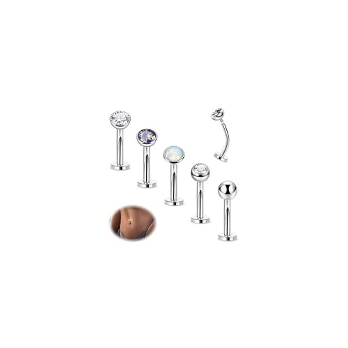 5PCS 316L Stainless Steel Floating Belly Button Rings for Women 14G Petite Flat Back CZ Belly Rings Hypoallergenic Small Opal Internally Threaded Navel Piercing Jewelry 6-16MM - color: Silver, size: 16mm