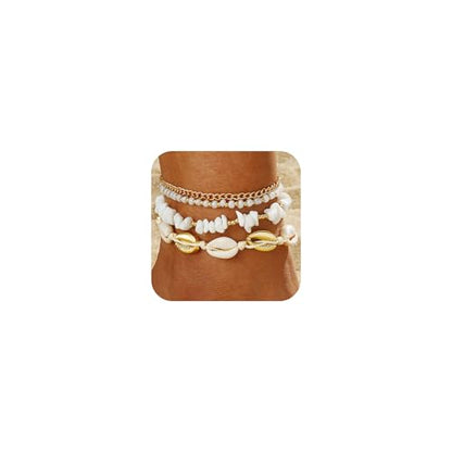 Qceasiy Shell Ankle Bracelets for Women, Boho Beaded Beach Anklet Set | Seashell, Heart, Starfish and Conch Styles, Gold-Tone, Stretch or Adjustable Fit, Layered Beach Vacation Jewelry Gifts - color: Gold 2