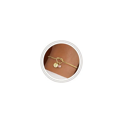Birthstone Initial Bracelets for Women, Dainty 14K Gold Plated 12 Months Disc Initial A-Z Birthstone Heart Knot Bangle Bracelet Birthday Bridesmaid Jewelry Gifts for Women - color: L, style: 010-Oct-Created Grown Pink Sapphire