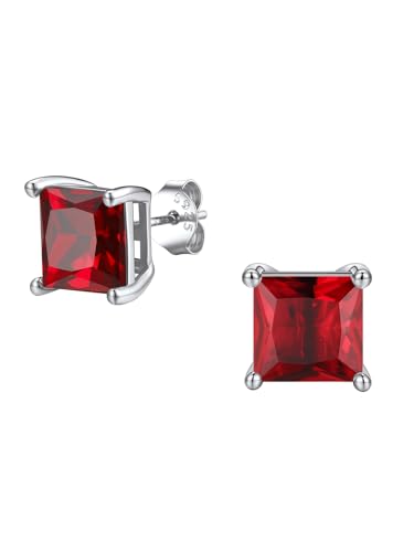 FindChic 2 Carat Birthstone Stud Earrings for Women, Round/Heart/Princess Cut Stud Earrings, Hypoallergenic Studs with 925 Sterling Silver Posts, 12 Months Birthday Jewelry Gift - color: 01. January-Garnet(Princess Cut)