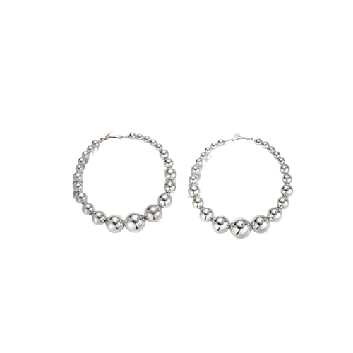 Gold Extra Large Hoop Earrings for Women,Round Metal Ball Beaded Dangle Earrings,Geometric Big Hoops Hanging Earrings Boho Vocation Everyday Jewelry - color: Silver