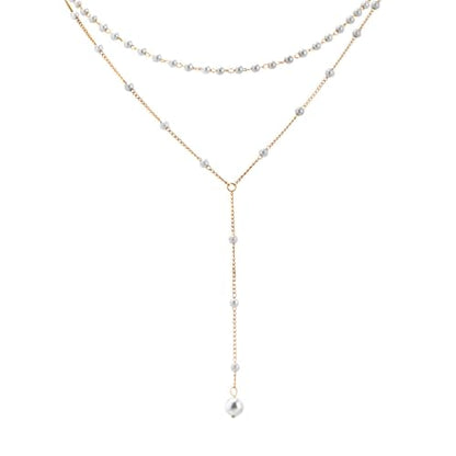 Layered Pearl Y Necklace for Women, Gold Tone Double Strand Faux Pearl Choker Necklace, Elegant Lariat Drop Necklace, Dainty Pearl Layering Jewelry for Everyday Wear and Special Occasions