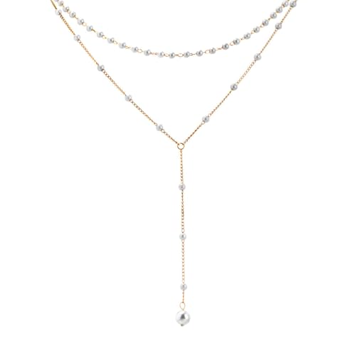 Layered Pearl Y Necklace for Women, Gold Tone Double Strand Faux Pearl Choker Necklace, Elegant Lariat Drop Necklace, Dainty Pearl Layering Jewelry for Everyday Wear and Special Occasions