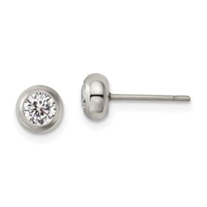Diamond2Deal Stainless Steel Polished 4mm Bezel Cubic Zirconia Stud Earrings Len-0.24 In, Wid-0.24 In