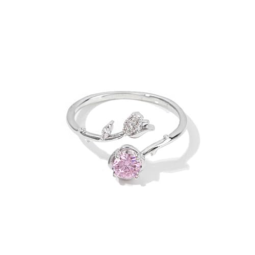 Adjustable Leaf Stackable Rings for Women Cubic Zirconia Stones Blue Leaves Purple Flower Open Band Stacking Finger Sliver Rings Fashion Plant Floral Aesthetic CZ Jewelry - color: rose flower