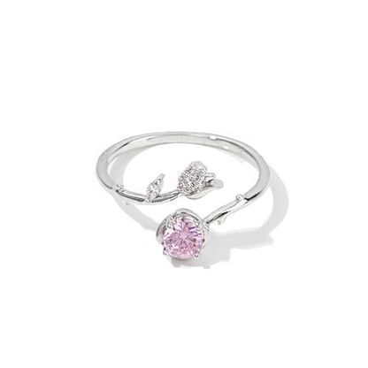 Adjustable Leaf Stackable Rings for Women Cubic Zirconia Stones Blue Leaves Purple Flower Open Band Stacking Finger Sliver Rings Fashion Plant Floral Aesthetic CZ Jewelry - color: rose flower