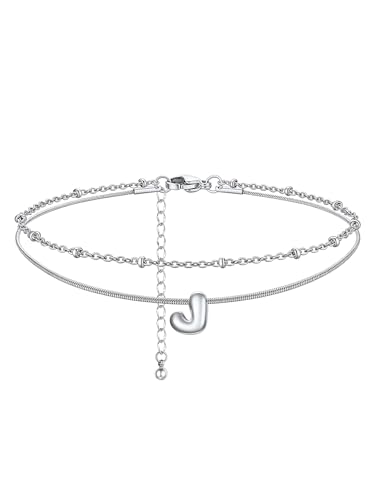ChainsHouse Initial Ankle Bracelets for Women Waterproof, 14K Gold Plated Layered Initial Anklets Non Tarnish, Adjustable Stainless Steel Women's Ankle Summer Beach Foot Jewelry - color: Stainless Steel, size: Initial J