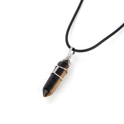 Adabele 1pc Natural Gemstone Bullet Pendant Necklace 18 Inch Crystal Stone Quartz Reiki Chakra Energy Rock PU Leather Cord Necklace Waterproof Women Jewelry - color: Tiger eye stone