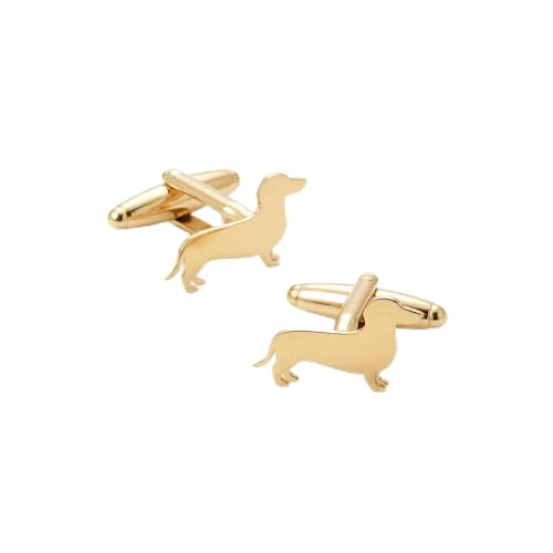 Men’s Dachshund Cufflinks – Stainless Steel Dog-Themed Cuff Links with Gift Box & Polishing Cloth – Available in Silver & Gold - color: golden
