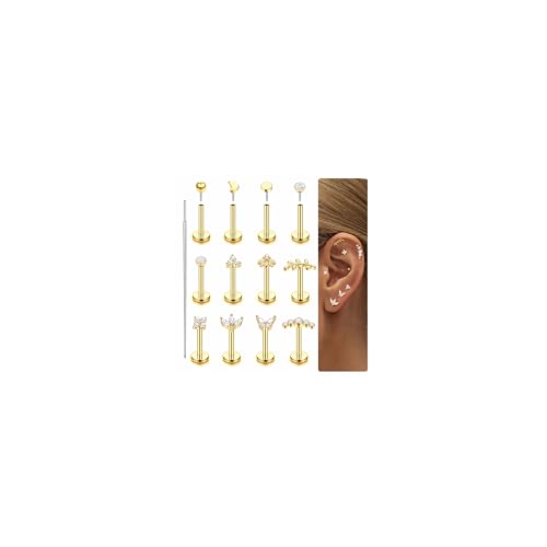 Fansilver 14K Gold Plated Threadless Flat Back Earrings for Women Men 316L Surgical Steel Push in Nose Piercings Lip Rings CZ Nostril Helix Conch Medusa Tragus Piercing Jewelry 16/18/20G - color: Gold Plated, size: 16G:6mm
