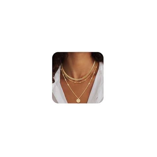 MFRYK Gold/Silver Necklaces Stack For Women,14K Gold/Sterling Silver Plated Simple Layered Choker Necklaces For Women,Stackable Multilayer Pearl Cross Disc Circle Pendant Cuban Herringbone Snake Paperclip Chain Necklaces Set Jewelry Gift for Women - style