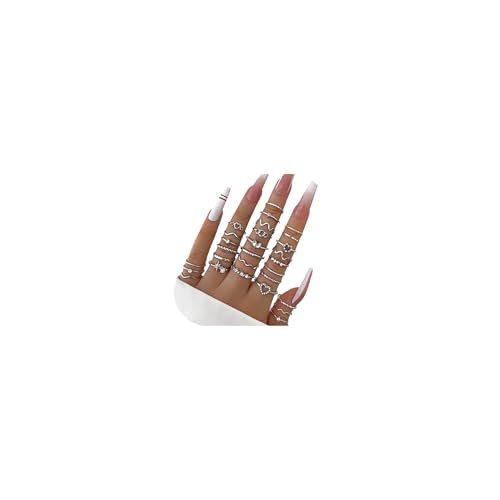 Gold Rings for Women Non Tarnish Stackable Rhinestone Moon Star Rings Dainty Stacking Pearl Butterfly Midi Pinky Thumb Joint Finger Knuckle Ring Set Gold Non Tarnish Jewelry Gifts Trendy Stuff - color: D Silver Stackable Rings 28Pcs