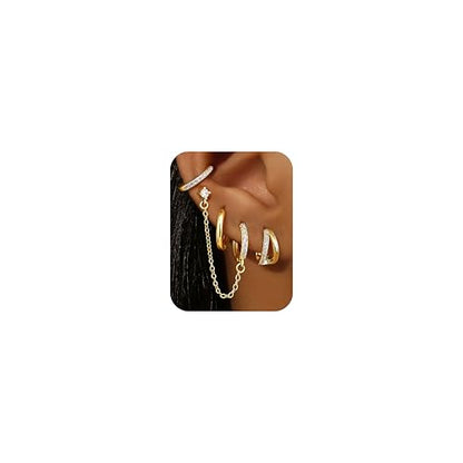 4 Pairs Small Hoop Earrings for Women 14K Gold Plated | Trendy Chain Drop Earrings Set, Hypoallergenic CZ Huggie Hoops, Lightweight Cartilage Earring Stacks - color: 14K Gold Plated-double hoop
