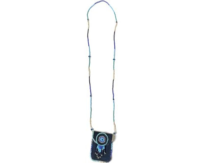 Mia Jewel Shop Authentic Leather Suede Medicine Pouch Seed Bead Fringe Dangle Necklace - Womens Fashion Handmade Bags Boho Travel Accessories - color: Dark Blue