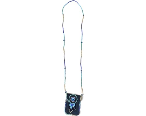 Mia Jewel Shop Authentic Leather Suede Medicine Pouch Seed Bead Fringe Dangle Necklace - Womens Fashion Handmade Bags Boho Travel Accessories - color: Dark Blue