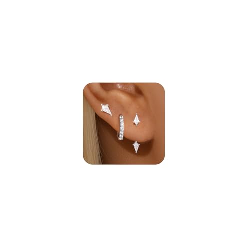 3 Pairs Stackable Kite Stud Earrings Set for Women Trendy | Dainty Birthstone Stud Gold & 925 Sterling Silver Huggie Hoop Jacket Stack Earrings for Women 2026 - color: Silver-Zircon